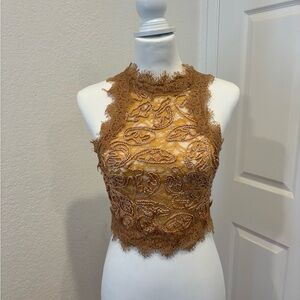Zara Mustard and Tan Lace Detail Top